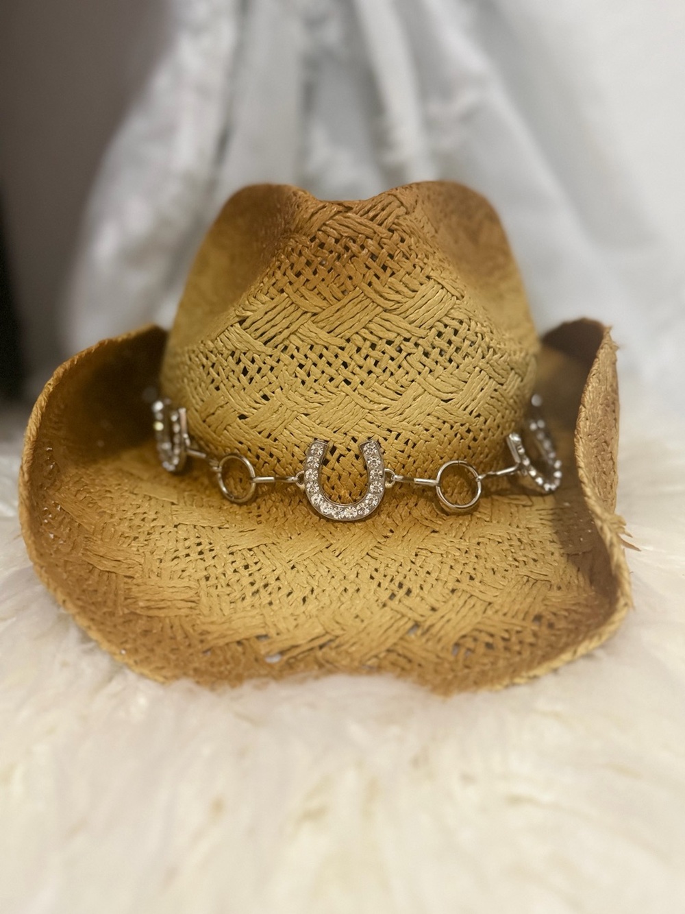 Peter Grimm Straw Cowboy Hat Rhinestone Horseshoe Band Western Straw Hat #005